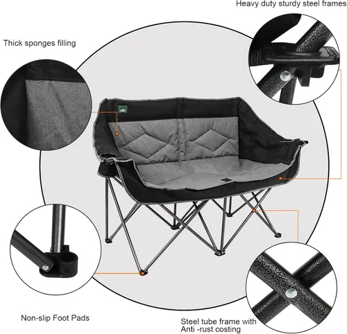 Miniatura 6 de Northroad Silla plegable para camping, portátil, doble dúo, silla de jardín acolchada completa para sofá de 2 personas con 2 portavasos para copas