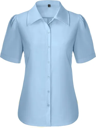 Miniatura 19 de Gleeivy Camisas de botones para mujer de manga corta abombada, camisas de vestir abotonadas con cuello ajustado, blusa superior de trabajo