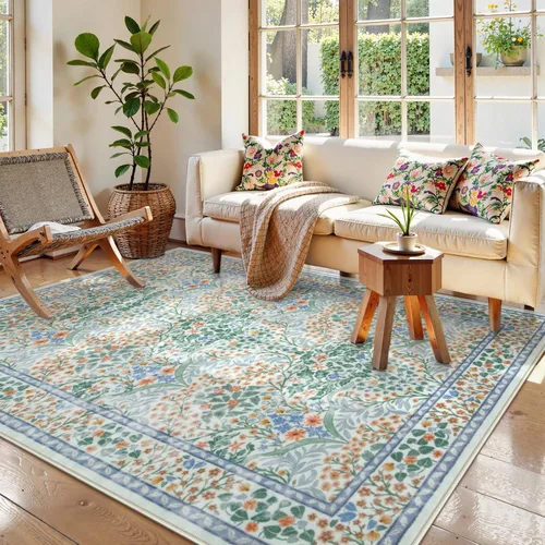 Miniatura 23 de Lahome Tapete floral lavable, suave, para entrada y cocina, 2 x 3 pies, antideslizante, bohemio, ultradelgado, fácil de limpiar, para interior, Azul