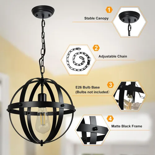 Miniatura 7 de DLLT - Lámpara colgante de globo vintage, negro mate, 1 luz, base E26, ideal para comedor, isla de cocina, sala de estar, oficina en casa