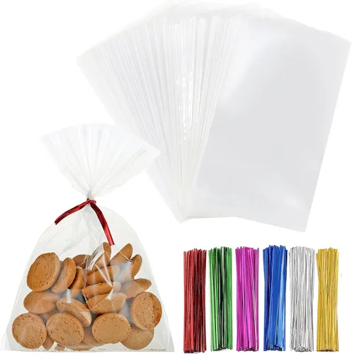 Miniatura 10 de 200 bolsas de celofán planas de celofán de 7 x 12 pulgadas con lazos torcidos de 6 colores, embalaje de galletas, dulces, postres de regalo, bolsas