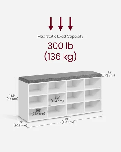 Miniatura 8 de VASAGLE CUSTOS Collection - Banco de zapatos, banco de almacenamiento con asiento acolchado, banco de entrada con 12 compartimentos, para Blanco +