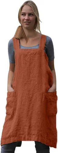 Miniatura 8 de Larmliss Delantal tipo pinafore cuadrado para mujer, para hornear, cocinar, jardinería, con espalda cruzada, mezcla de algodón/lino, con 2 bolsillos