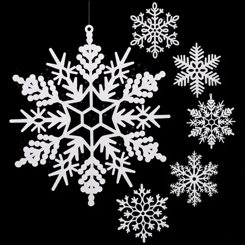 Miniatura 18 de Sratte Paquete de 24 adornos de copos de nieve grandes con purpurina de 12 pulgadas, decoración gigante de plástico para colgar en invierno, Plata