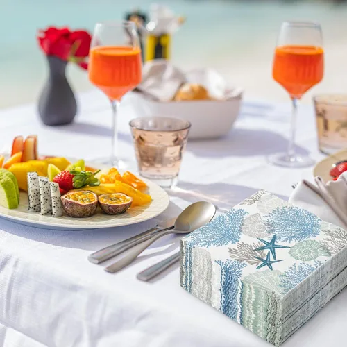 Miniatura 5 de AnyDesign 100 servilletas de papel de océano desechables con estrellas de mar y conchas de coral, servilletas de almuerzo con temática del mar