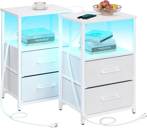 Miniatura 22 de TUTOTAK Mesita de noche LED con estación de carga, mesita de noche grande con puerto USB y Type-C, mesa de noche con cajones de tela, mesa auxiliar