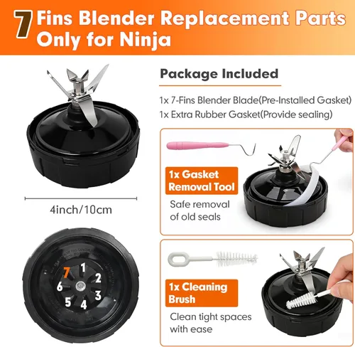 Miniatura 2 de Cuchilla extractora de 7 aletas de repuesto para licuadora Ninja, piezas de repuesto para licuadora Ninja con junta, gancho y cepillo de limpieza