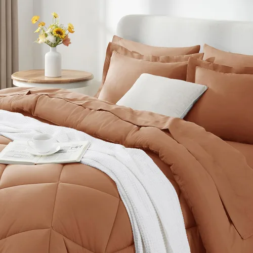 Miniatura 121 de CozyLux Juego de edredón tamaño King, color naranja quemado, toda la ropa de cama en una sola bolsa, 7 piezas: edredón, fundas de almohada