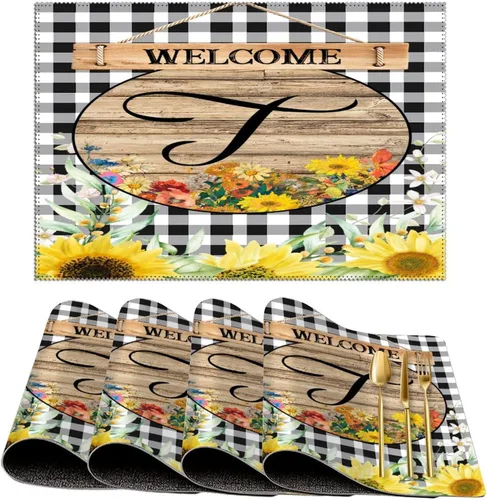 Miniatura 55 de Manteles individuales de bienvenida con diseño de girasol vintage con bandera R con inicial, 1 unidad, estilo granja, para mesa de comedor, cocina