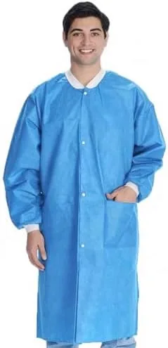 Miniatura 2 de Greenour Disposable Lab Coat Blue SMS with Pockets for Adult Knitted Collar and Cuffs Breathable Fluid Resistant