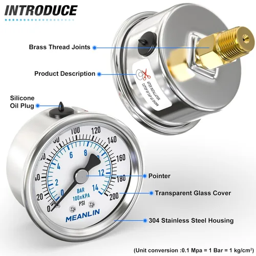 Miniatura 4 de MEANLIN MEASURE Medidor de presión en seco de acero inoxidable de 0 ~ 200 psi, esfera de cara NPT de 2 pulgadas, impermeable para compresor de aire