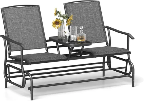 Miniatura 10 de Tangkula Silla mecedora para 2 personas, sofá biplaza mecedora para patio con mesa central de vidrio templado, banco de columpio para exteriores