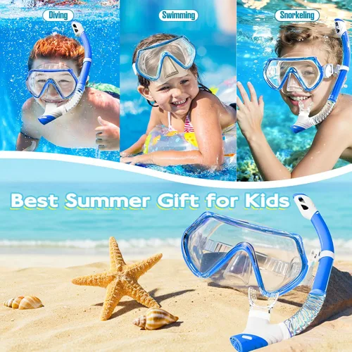 Miniatura 6 de 2 juegos de equipo de esnórquel para niños de 3 a 14 años, antivaho 180° Clear View Dry Top Snorkel Set, máscara de natación con cubierta nasal