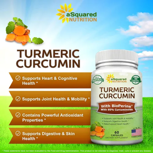 Miniatura 8 de aSquared Nutrition Curcumina de cúrcuma de 1300 mg con suplemento de extracto de pimienta negra BioPerine - 60 cápsulas - con 95% de curcuminoides