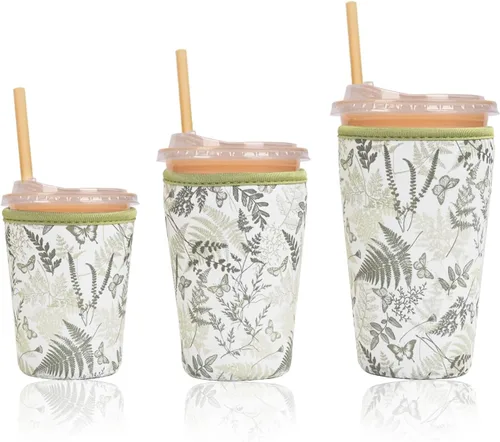 Miniatura 13 de Funda aislante reutilizable para taza de café helado, paquete de 3 fundas de neopreno para bebidas frías y calientes, soporte para bebidas para café