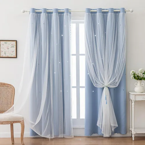 Miniatura 12 de Cortinas opacas con recortes de estrellas para dormitorio de niñas y niños, cortina de doble capa con aislamiento térmico y superposición