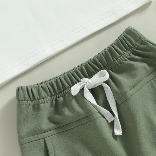 Miniatura 6 de Ynibbim Conjunto de 2 piezas de ropa de verano para niños pequeños con estampado de letras y pantalones cortos elásticos