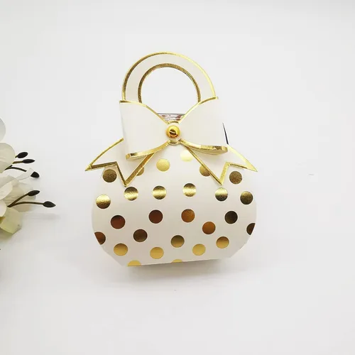 Miniatura 5 de 50 bolsas de mano con lazo rojo y dorado con lunares de papel de aluminio dorado, cajas de dulces con lazo con asa para boda, cumpleaños, despedida
