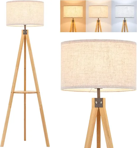 Miniatura 10 de ELYONA Lámpara de pie con trípode de madera estilo granja con mesa, lámpara de pie de lectura moderna con 3 temperaturas de color, bombilla LED