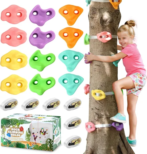 Miniatura 10 de TOPNEW 12 soportes para escalada de árboles ninja para niños escaladores, rocas de escalada para adultos con 6 correas de trinquete
