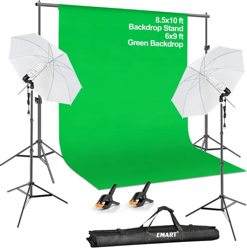 EMART Kit de fondo de pantalla verde de 8.5 x 10 pies, paraguas de fotografía con bombillas de 5500 K, fondo verde de 6 x 9 pies con abrazaderas de