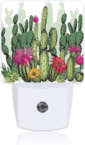 Luz nocturna verde de suculentas y plantas de cactus enchufable a la pared con sensor de atardecer a amanecer, bonita luz nocturna para niños,