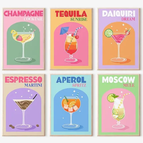 Paquete de 6 pinturas de cóctel retro por números para adultos principiantes, vintage fácil de pintar por números sobre lienzo, kit de pintura al