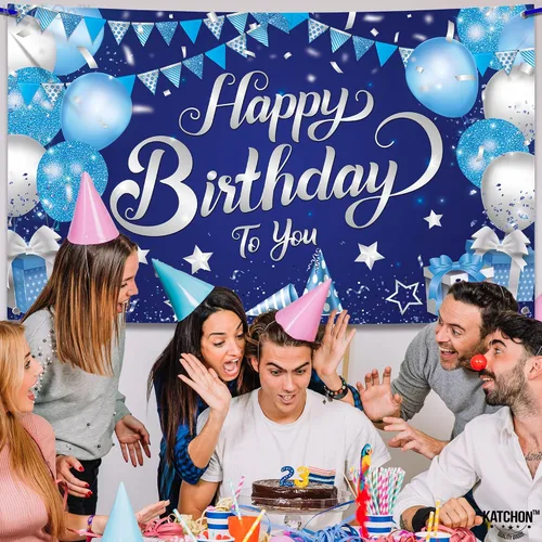 Miniatura 5 de KatchOn, Cartel de feliz cumpleaños plateado y azul, extragrande, 72 x 44 pulgadas, pancarta de fondo para decoraciones de feliz cumpleaños