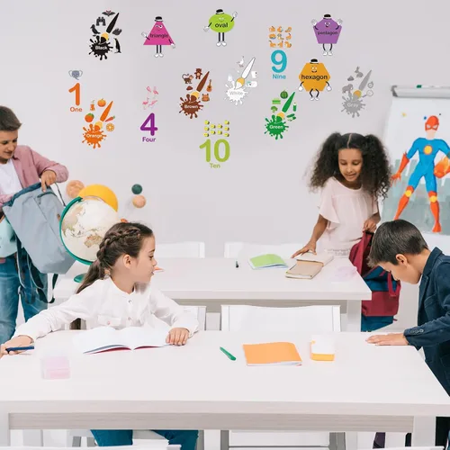 Miniatura 5 de Tatuo 30 calcomanías de pared con números, calcomanías de pared de geometría de aprendizaje educativo, calcomanías de pared con formas coloridas