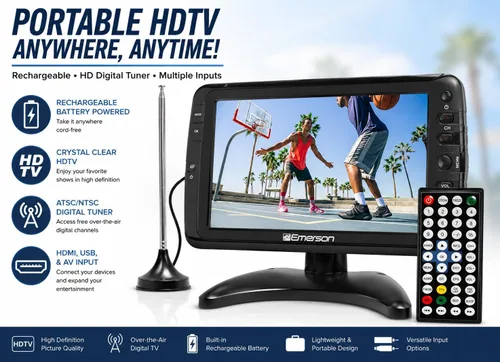 Miniatura 2 de Emerson Televisor portátil de 7 pulgadas con antena – Mini HDTV alimentado por batería recargable, sintonizador digital ATSC, entrada HDMI USB AV