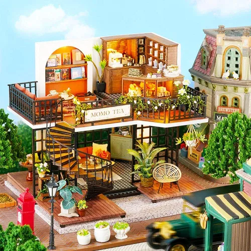 Miniatura 3 de Roroom Kit de casa de muñecas en miniatura y muebles, modelo de casa de muñecas de madera en 3D con cubierta a prueba de polvo y movimiento musical