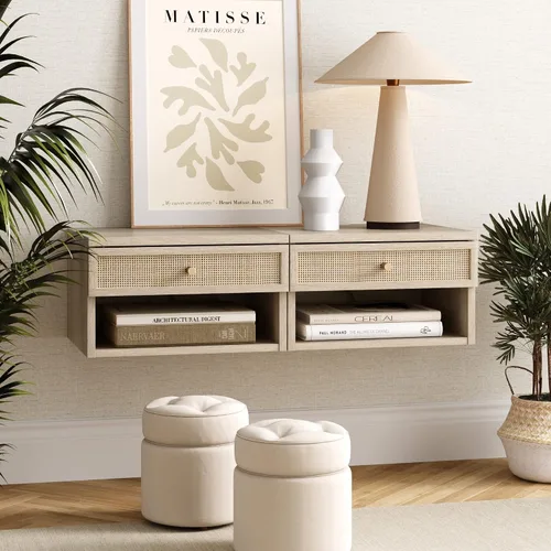Miniatura 3 de Nathan James Jackson - Mesita de noche flotante de ratán montada en la pared con cajón de almacenamiento y estante abierto moderno, roble claro/ratán
