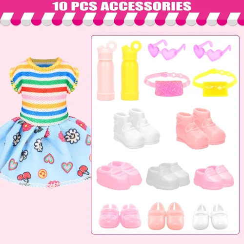 Miniatura 5 de 22 piezas de ropa y accesorios para muñecas mini de 5 pulgadas, incluyendo 4 juegos de vestidos de moda, 4 tops y pantalones casuales, 4 trajes