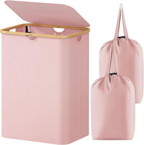 Miniatura 10 de Lifewit Cesta de ropa de 120L con tapa, cestas de ropa para lavandería con asas de bambú y una bolsa de lavandería extraíble, cesta plegable grande