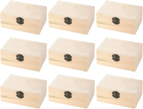 12 cajas de almacenamiento rectangulares de madera de pino vintage con tapa con bisagras y hebilla frontal, caja de recuerdos pequeña de 5.8 x 3.8 x