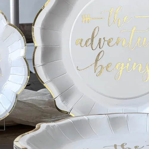Miniatura 5 de Kate Aspen The Adventure Begins - Juego de platos y servilletas de papel para boda, 72 piezas, platos de boda, vajilla desechable para 24 invitados