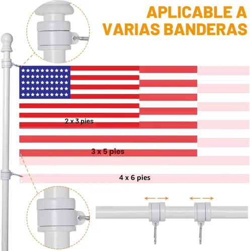 Miniatura 3 de NELXINJO Kit de poste de bandera de acero inoxidable de 5 pies con abrazadera para exterior de la casa Montaje exterior para bandera americana