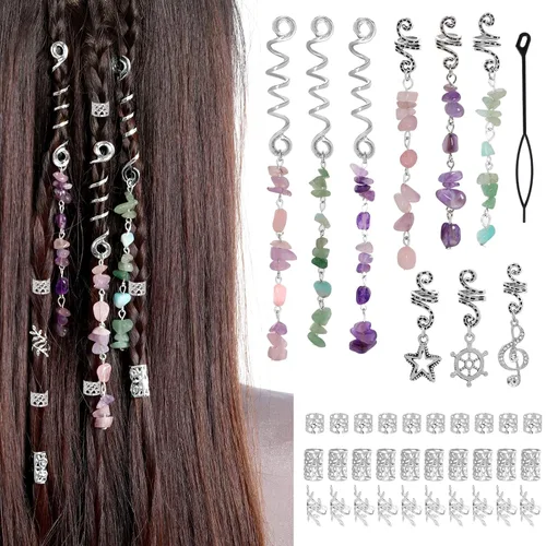 hoyuwak - 40 accesorios para el cabello con piedra de cristal de color natural, dijes metálicos para el cabello, espirales de rastas plateadas,
