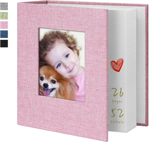 Álbum de fotos de 4x6 pulgadas, 52 bolsillos con cubierta de lino, álbumes de fotos para familia, boda, bebé, libro de fotos con capacidad para Rosa