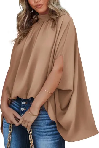 Miniatura 143 de BTFBM Blusas de verano para mujer, cuello alto falso, manga murciélago, holgadas, dobladillo alto y bajo, blusas informales de gran