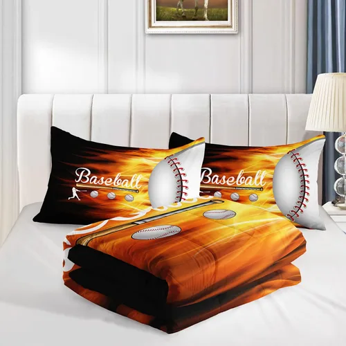 Miniatura 4 de HOSIMA Juego de edredón de béisbol 3D para niños y adolescentes, decoración de dormitorio, juego de edredón negro de béisbol y fuego, juego de ropa