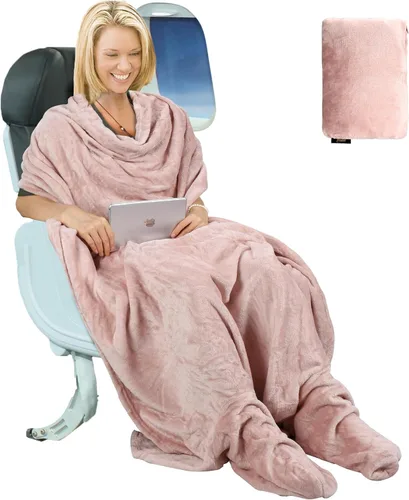 Miniatura 13 de Tirrinia Manta de viaje para avión, oficina, Poncho 4 en 1, manta portátil de forro polar acogedora de primera calidad con bolsa incorporada