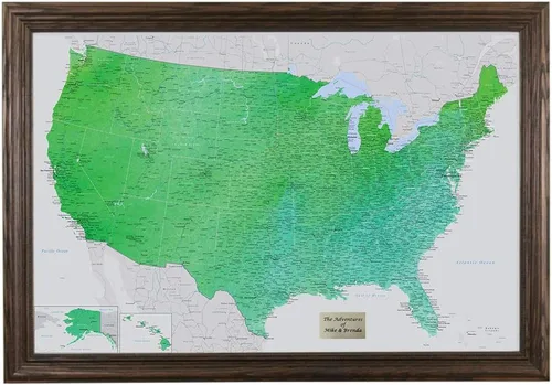 Miniatura 12 de Push Pin Travel Maps Encantador verde esmeralda personalizado Estados Unidos con alfileres y marco marrón de 27.5 x 39.5 pulgadas - Mapa tus viajes