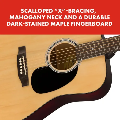 Miniatura 4 de Guitarra acústica Squier, por Fender, con garantía de 2 años, dreadnought con diapasón de arce, acabado brillante natural, parte posterior
