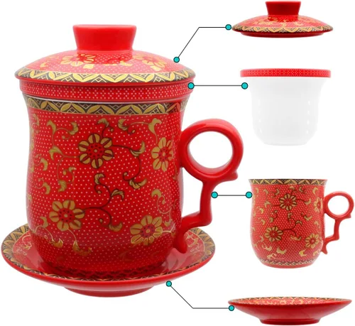 Miniatura 18 de Taza de té de porcelana con tapa de infusor y juegos de platillos – Taza de café de cerámica china Jingdezhen Taza de té de hoja suelta Sistema