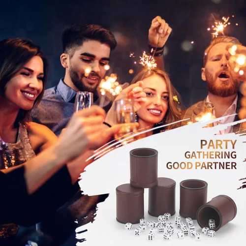 Miniatura 7 de Paquete de 5 vasos de dados de piel sintética con forro de fieltro de terciopelo con 25 dados de puntos para juegos de dados Yahtzee Farkle, marrón