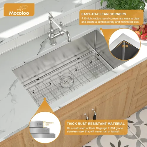 Miniatura 4 de Mocoloo Fregadero de Cocina Empotrado 33 – Fregadero de Cocina Empotrado de 33 x 19 Pulgadas de Acero Inoxidable Calibre 16 de Un Solo Tazón Bajo