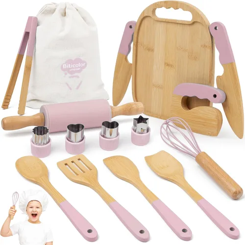 Miniatura 8 de Juego de cocina Montessori de madera para niños, herramientas de cocina reales y utensilios para hornear, kit de cocina de 15 piezas para niños