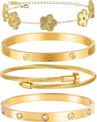 Miniatura 10 de Pulseras de oro para mujer - 4 piezas/3 piezas, juego de pulseras de tenis de 18K de oro chapado, elegantes pulseras de oro no manchadas de acero