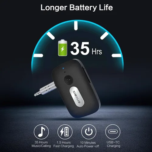 Miniatura 3 de SIMOLIO Receptor Bluetooth para automóvil, batería de 35 horas, control de volumen, cancelación de ruido, adaptador Bluetooth AUX Bluetooth